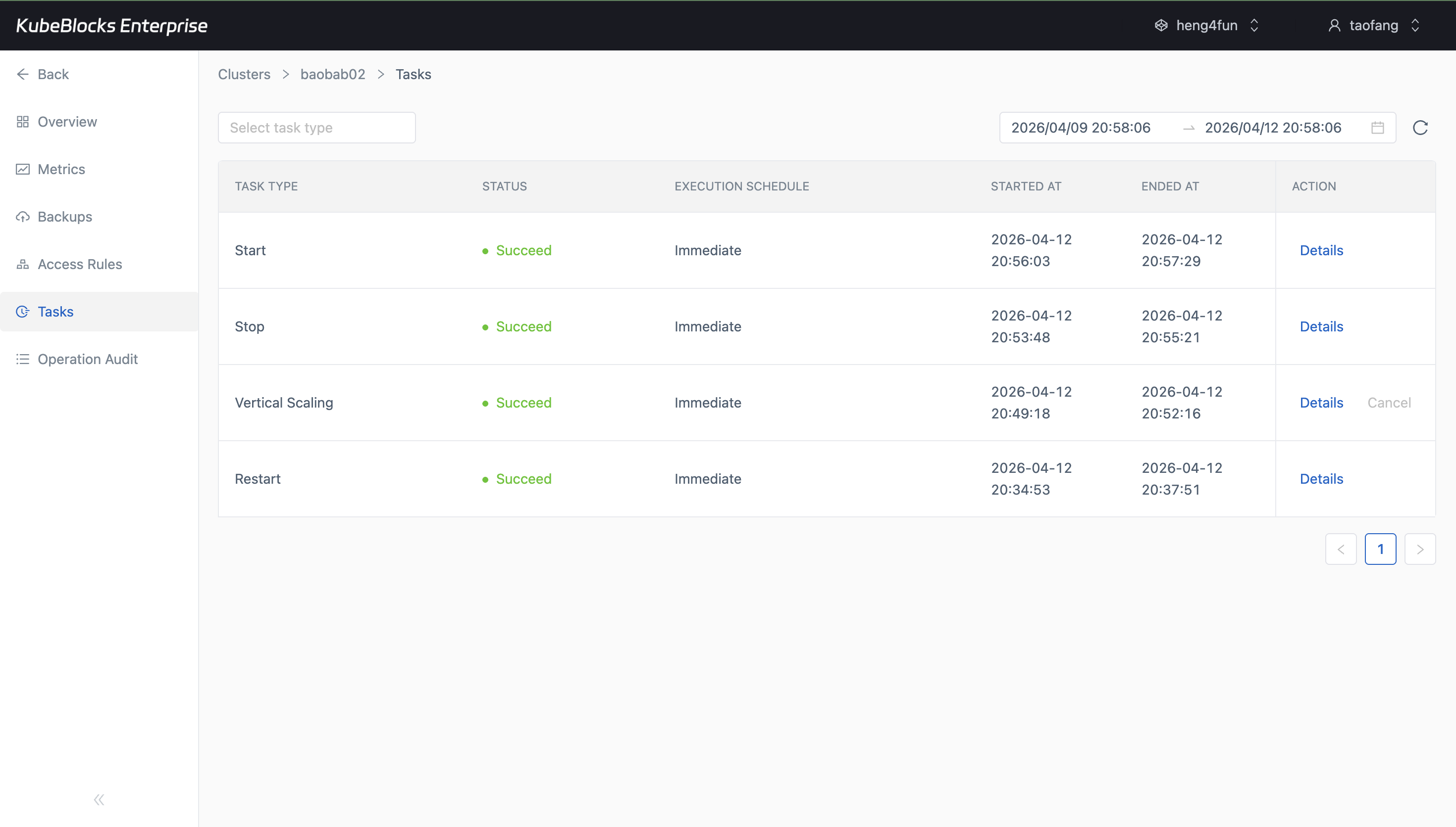 KubeBlocks Enterprise Qdrant Tasks page showing lifecycle and scaling history