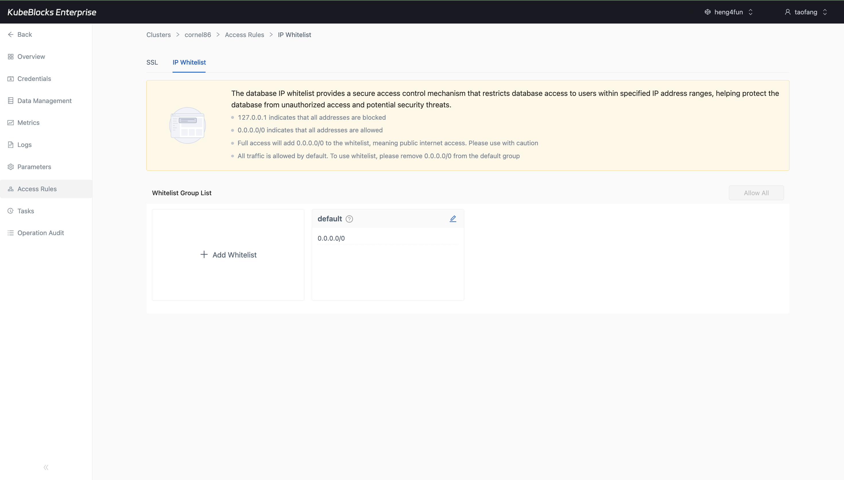 KubeBlocks Enterprise RabbitMQ Access Rules page showing the IP Whitelist tab and default whitelist group
