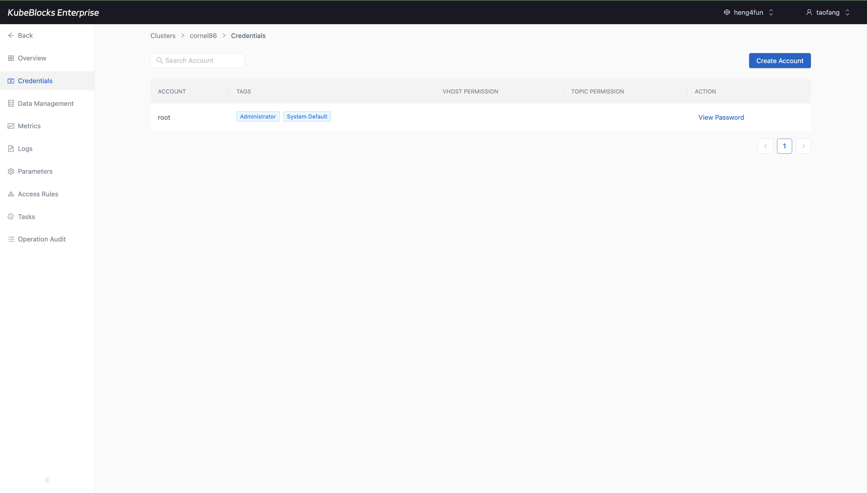 KubeBlocks Enterprise RabbitMQ Credentials page showing the built-in root account and password action