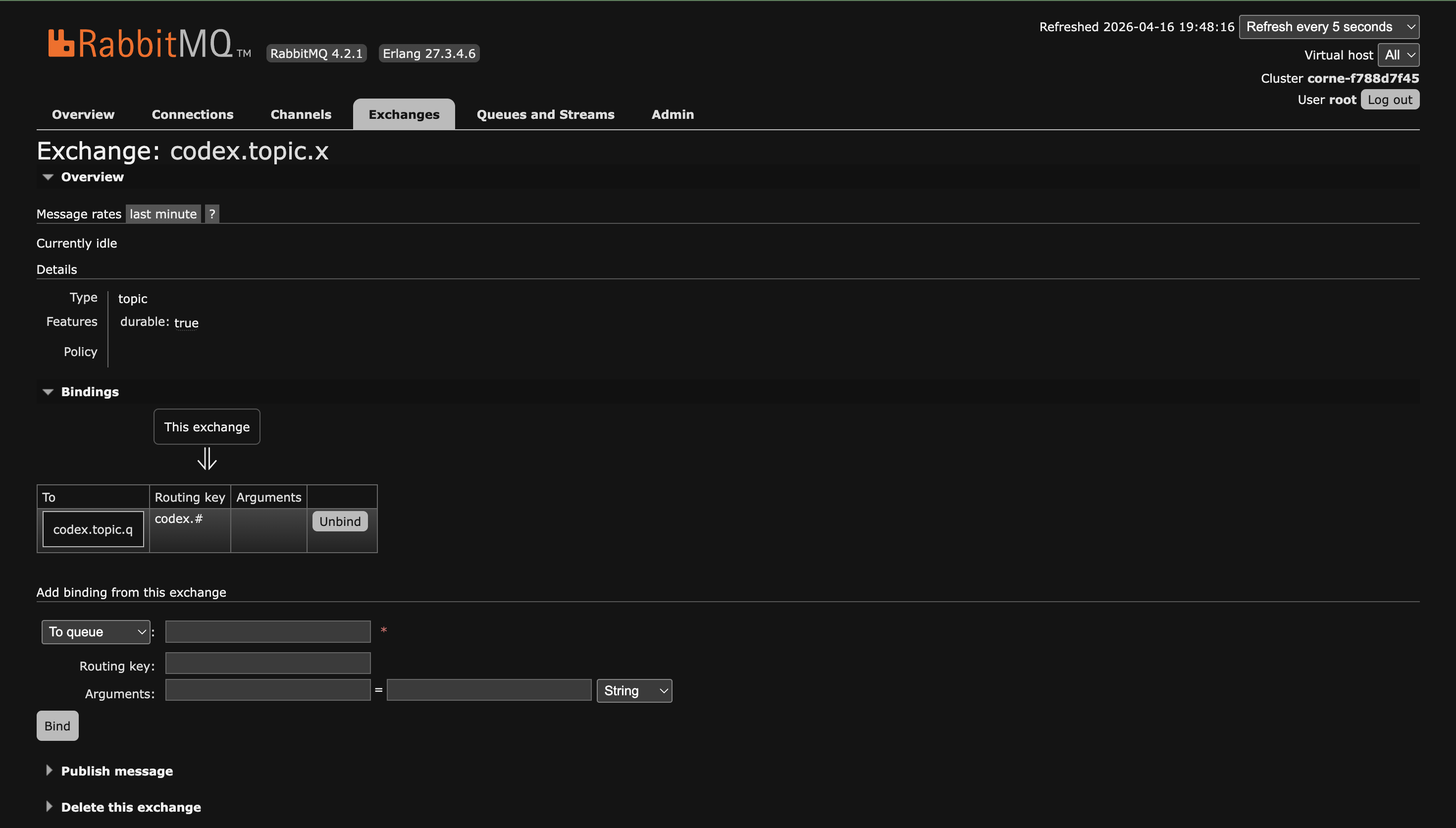 RabbitMQ Management exchange detail page showing a topic exchange and its bound queue