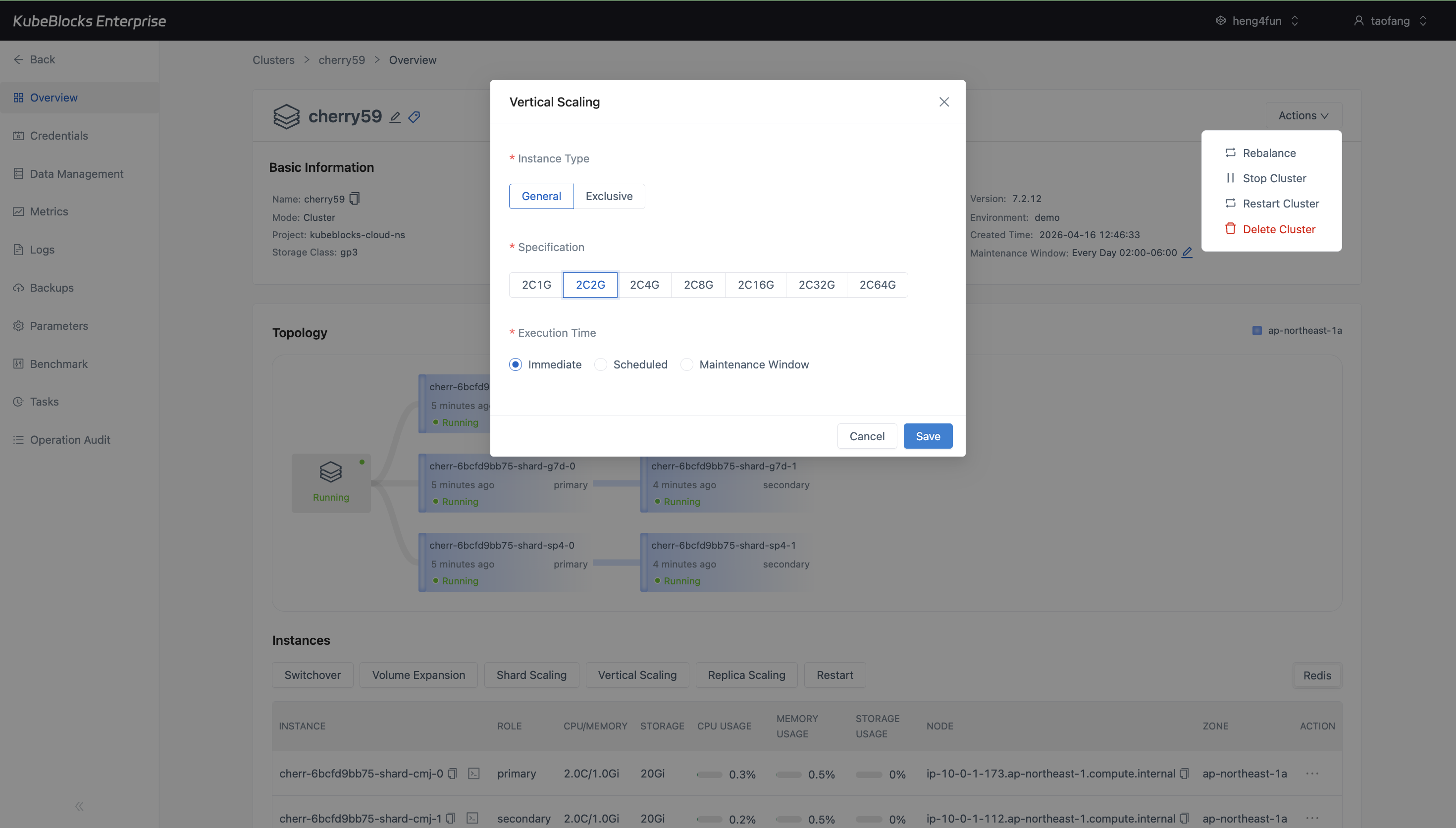 KubeBlocks Enterprise Redis vertical scaling dialog showing a larger CPU and memory option selected
