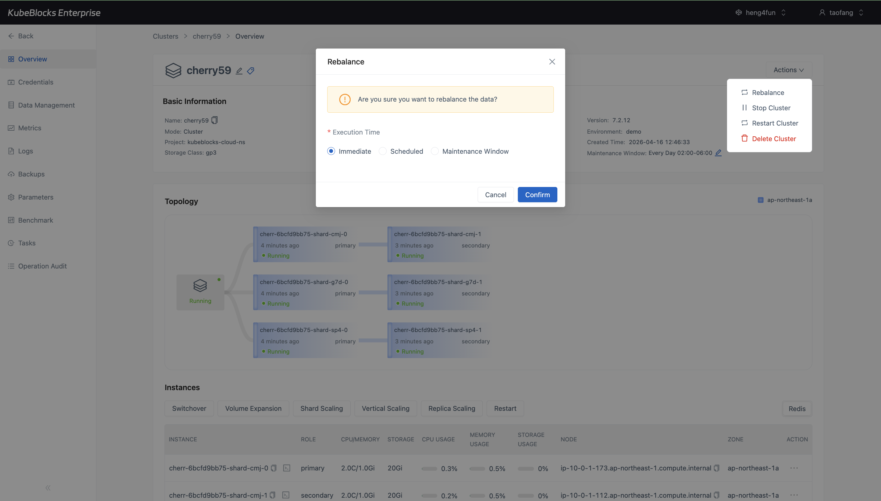 KubeBlocks Enterprise Redis rebalance dialog opened from the Actions menu