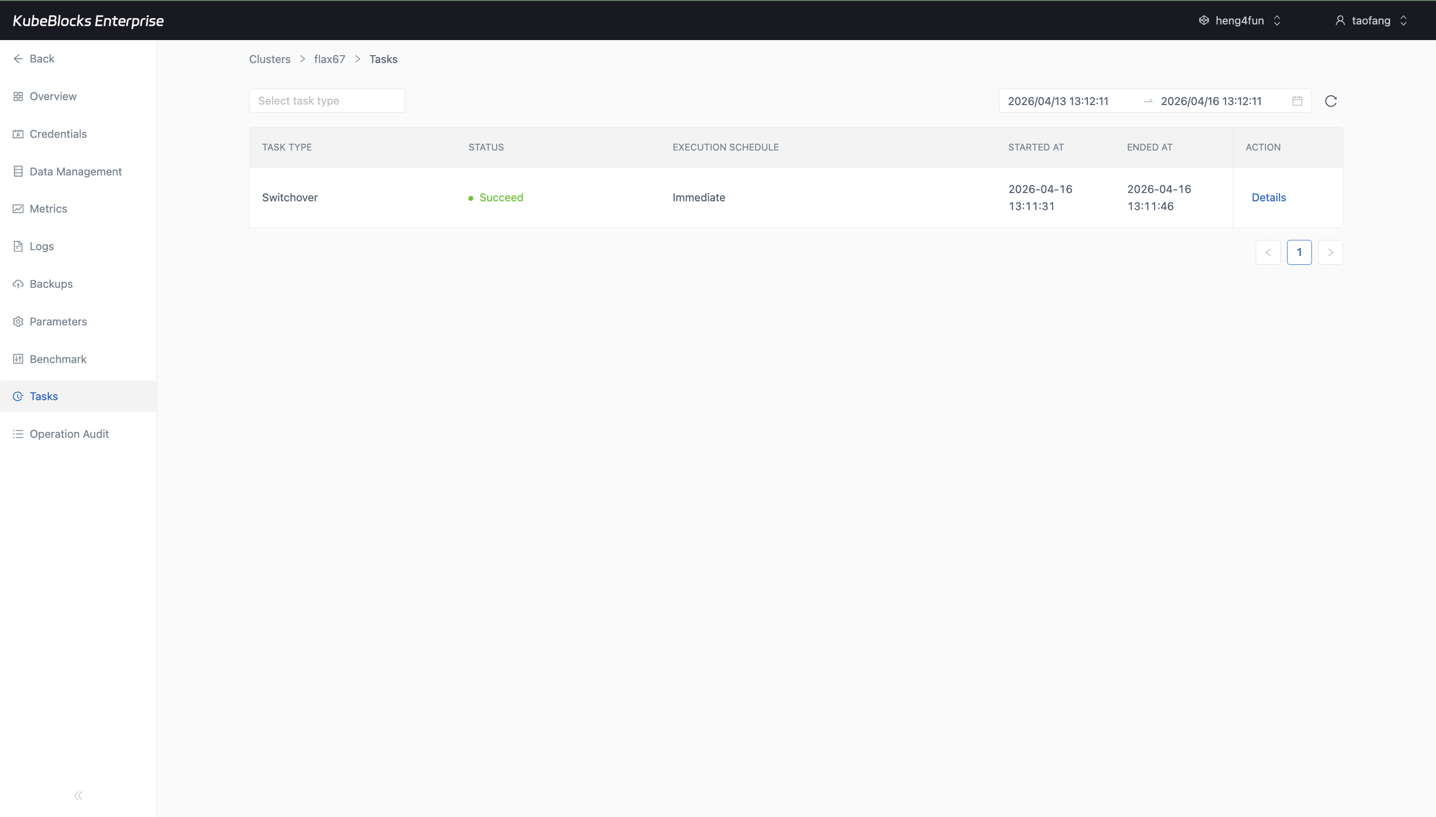 KubeBlocks Enterprise Redis tasks page showing a successful switchover record