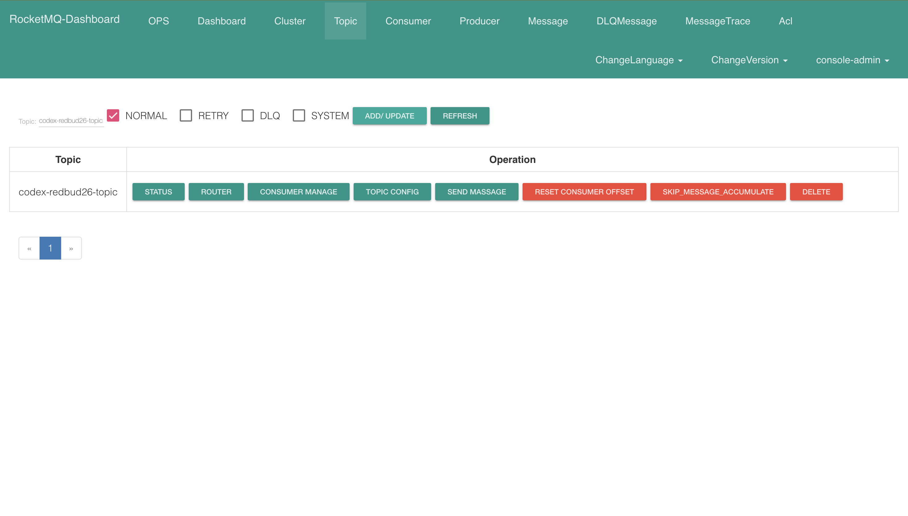 RocketMQ Dashboard topic page showing a newly created topic and available follow-on operations