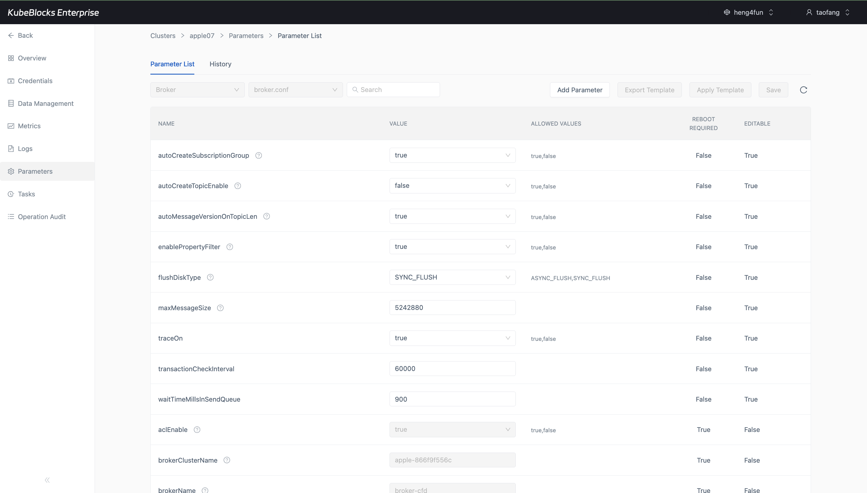 KubeBlocks Enterprise RocketMQ parameter list showing broker configuration values