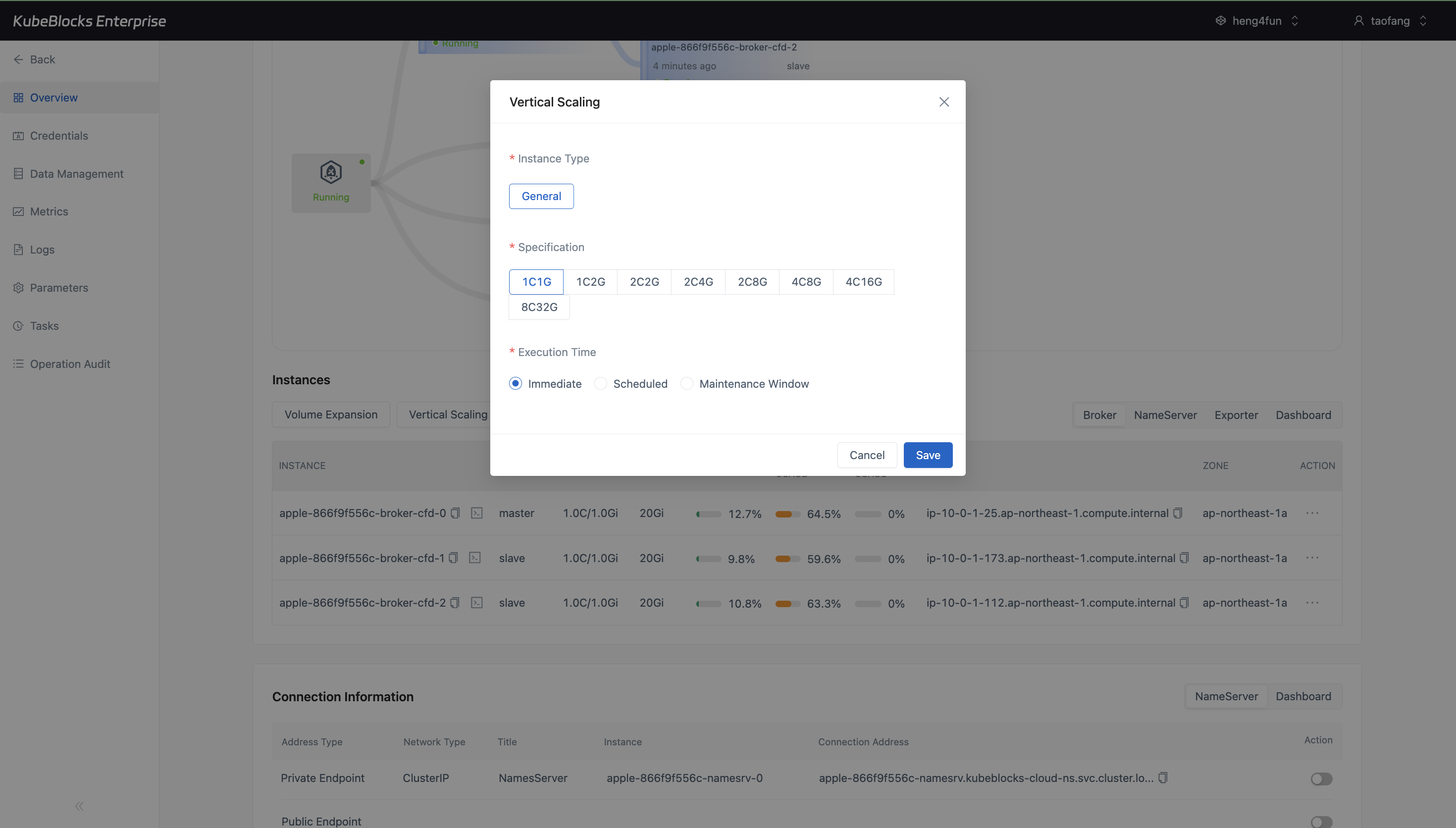 KubeBlocks Enterprise RocketMQ Vertical Scaling dialog showing CPU and memory specification options