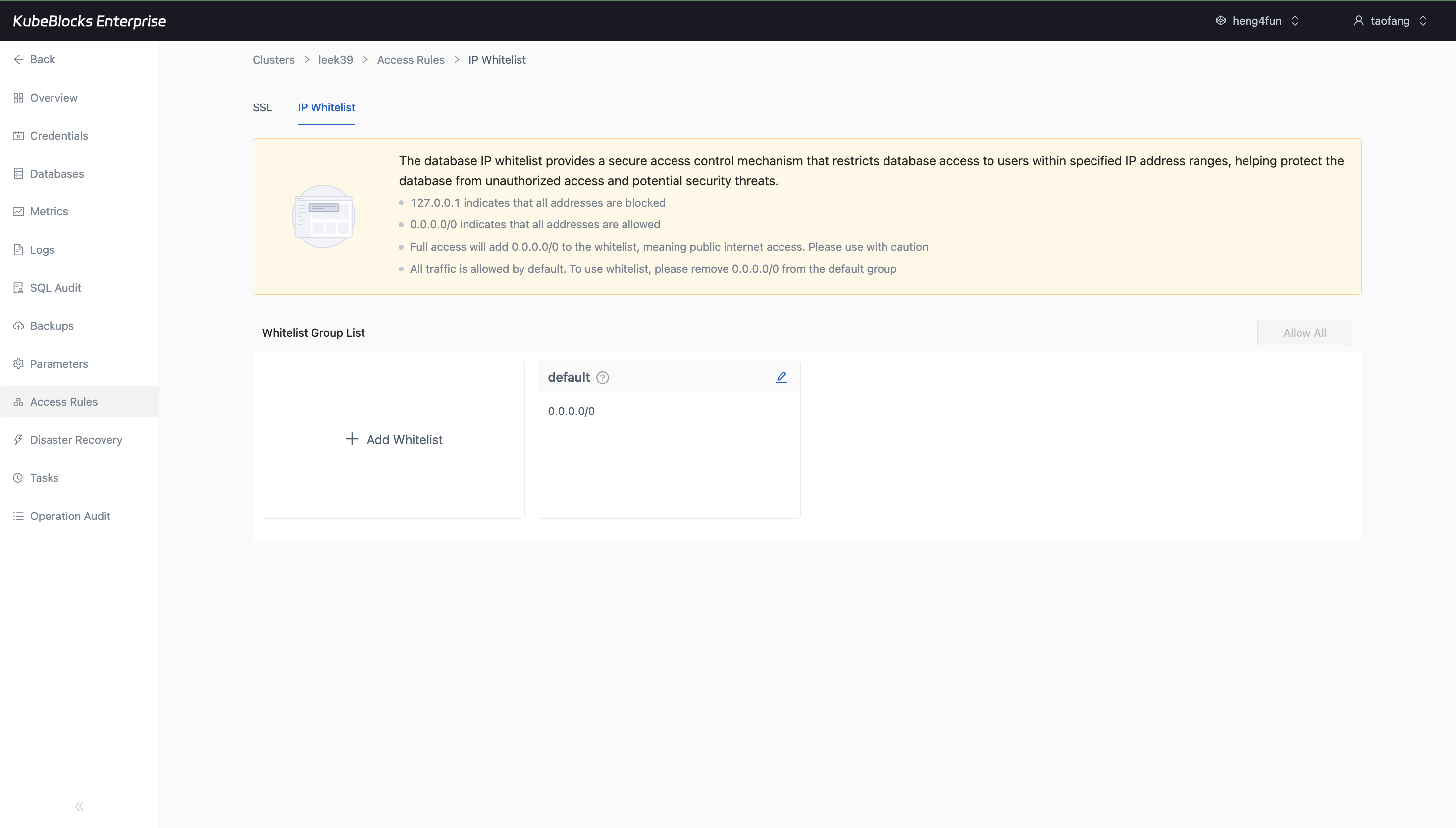 KubeBlocks Enterprise SQL Server IP Whitelist page showing the default group and allowed CIDR ranges