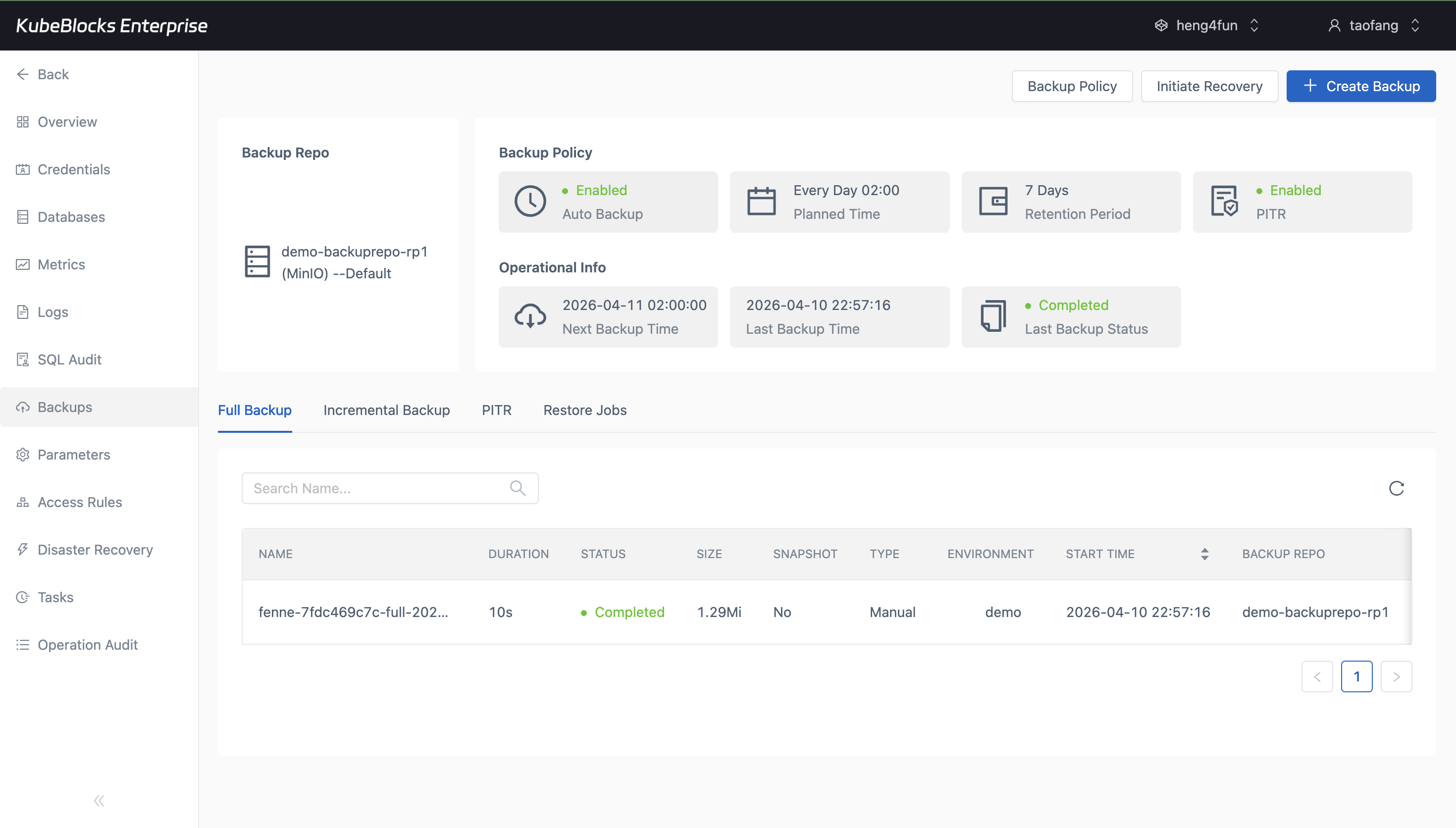 KubeBlocks Enterprise SQL Server backups page showing a completed full backup and repository details