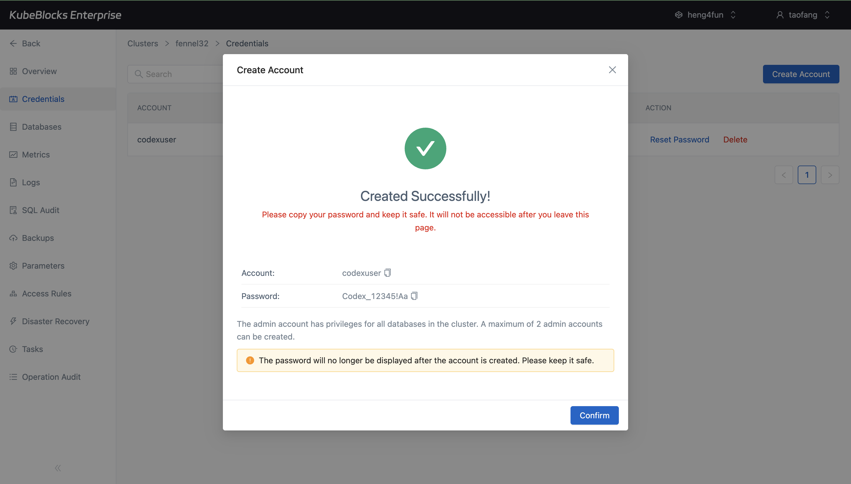KubeBlocks Enterprise SQL Server Credentials page showing the newly created codexuser account and success summary