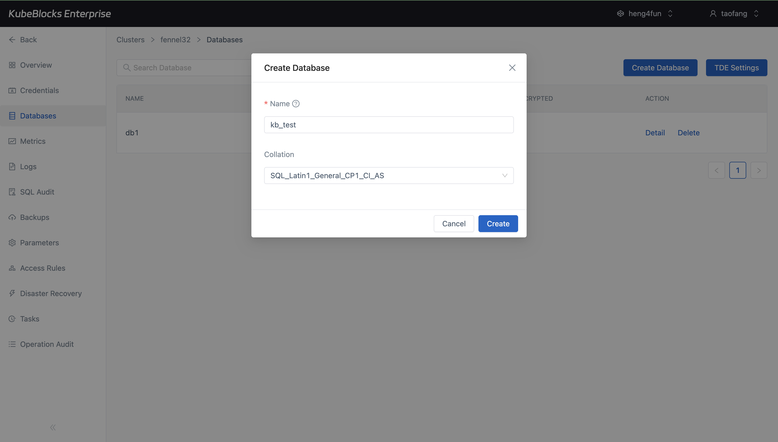 KubeBlocks Enterprise SQL Server Databases page showing db1 and the newly created kb_test database