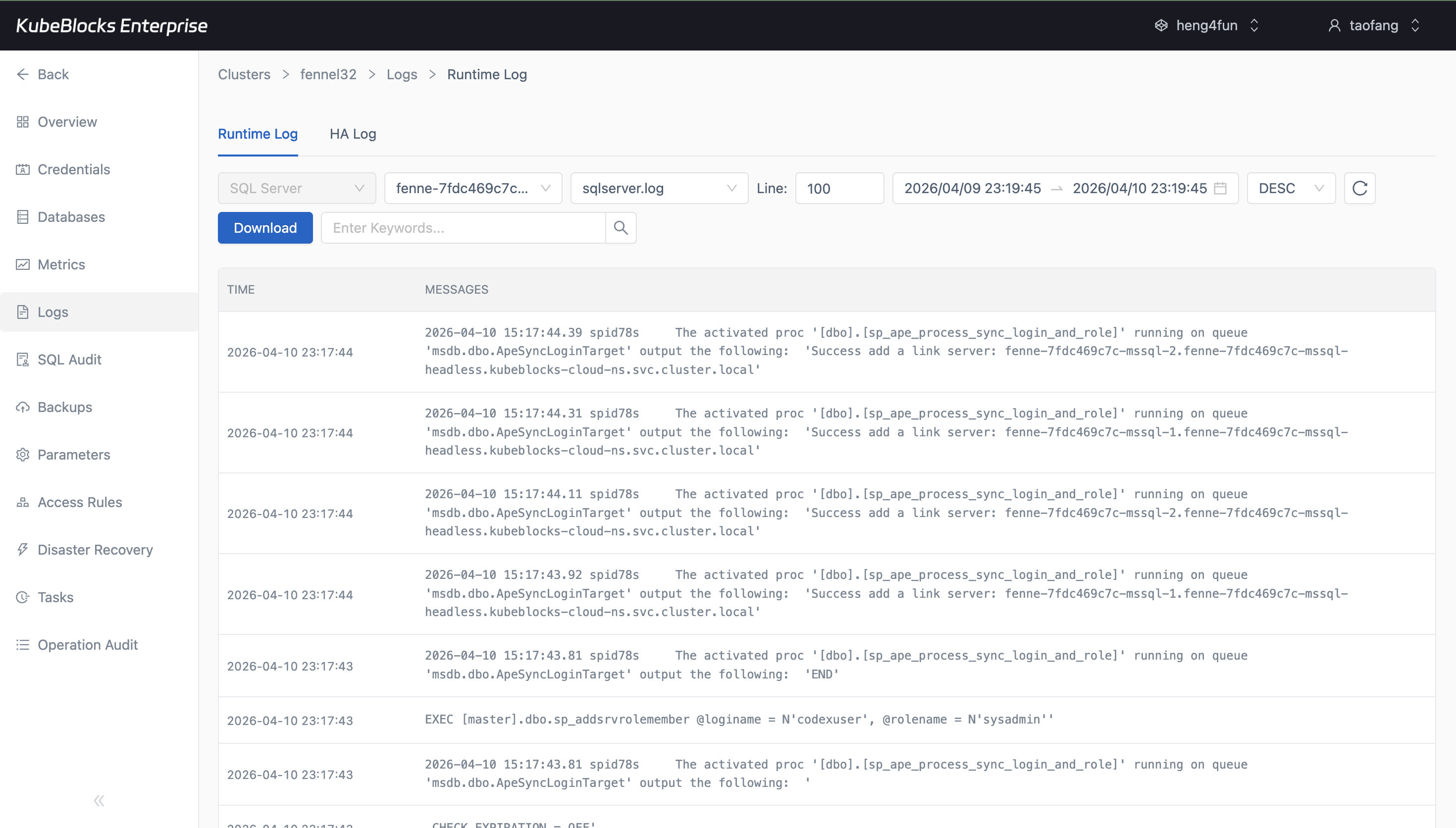 KubeBlocks Enterprise SQL Server runtime log page showing Always On and database activity log lines