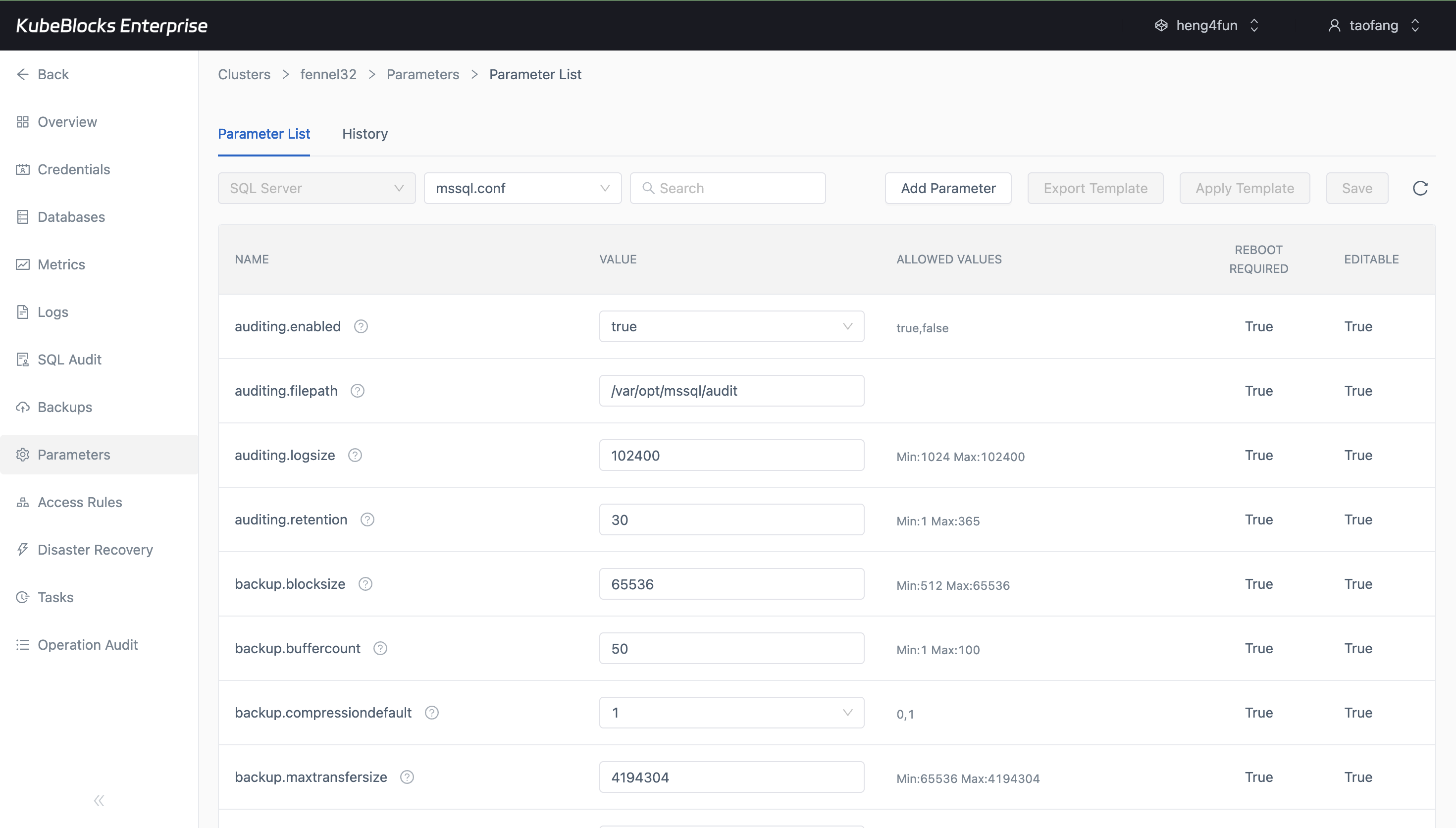 KubeBlocks Enterprise SQL Server parameters page showing mssql.conf values and save controls