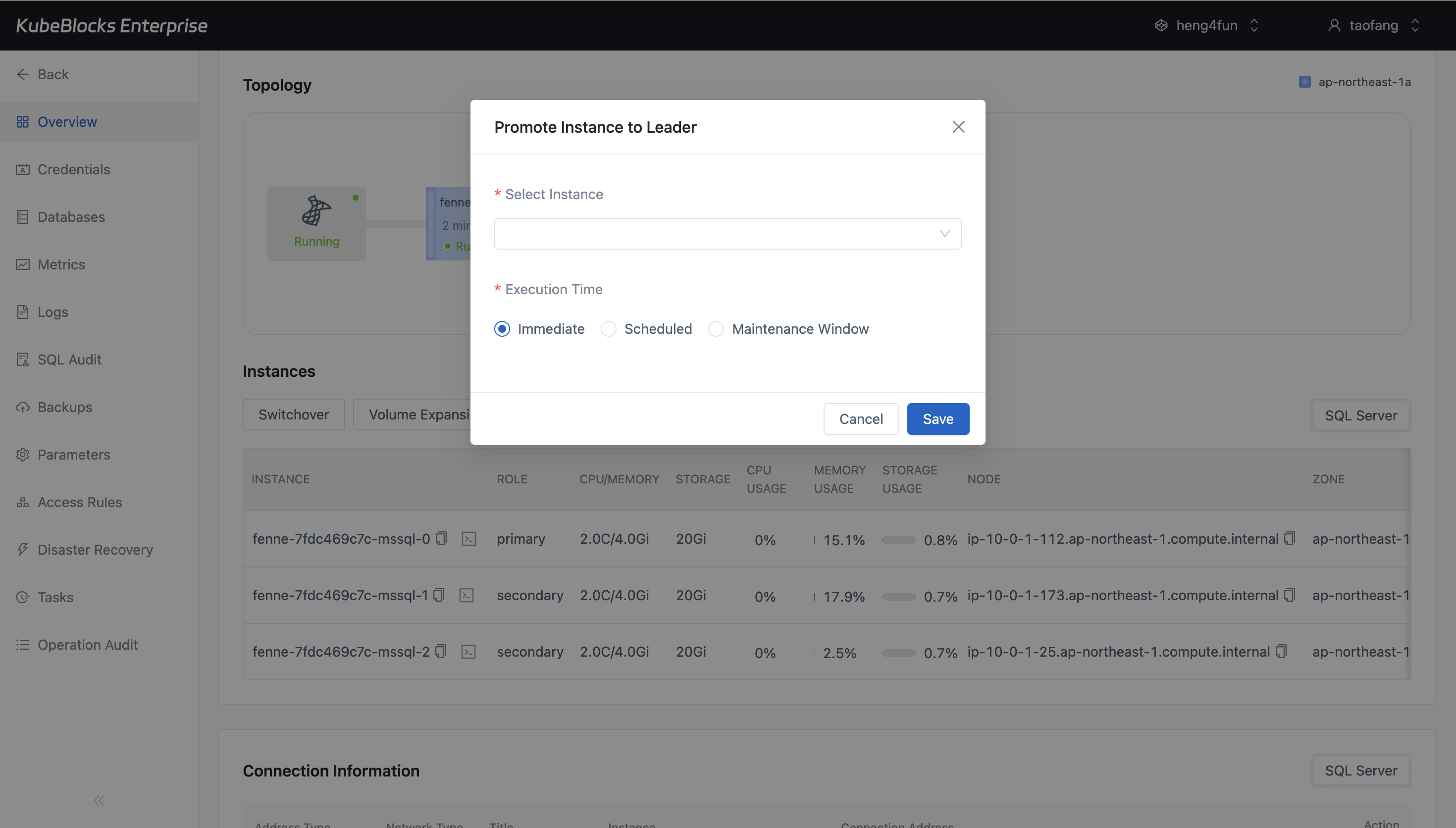 KubeBlocks Enterprise SQL Server Promote Instance to Leader drawer showing leader promotion target selection