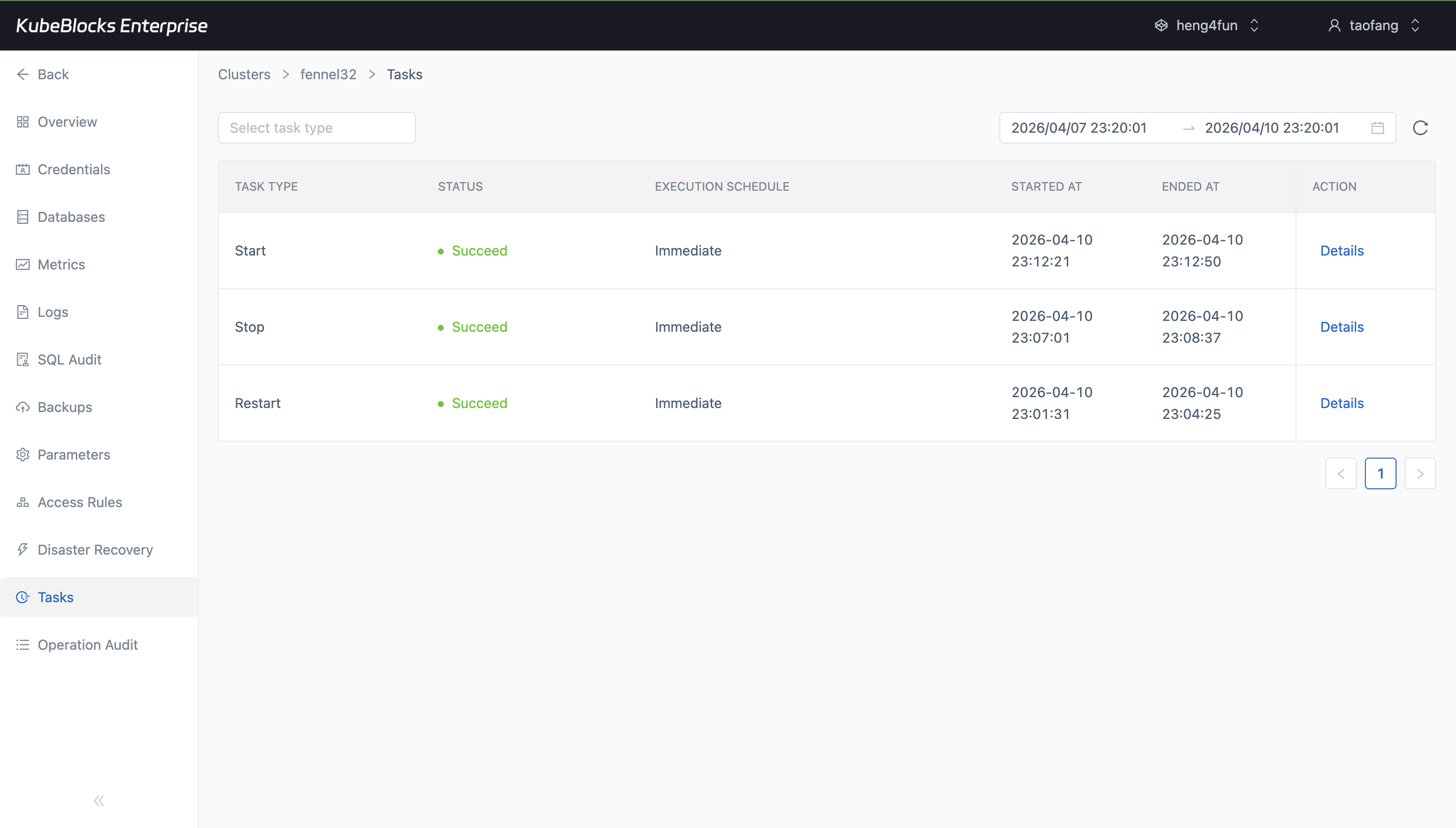 KubeBlocks Enterprise SQL Server tasks page showing succeeded restart, stop, and start records