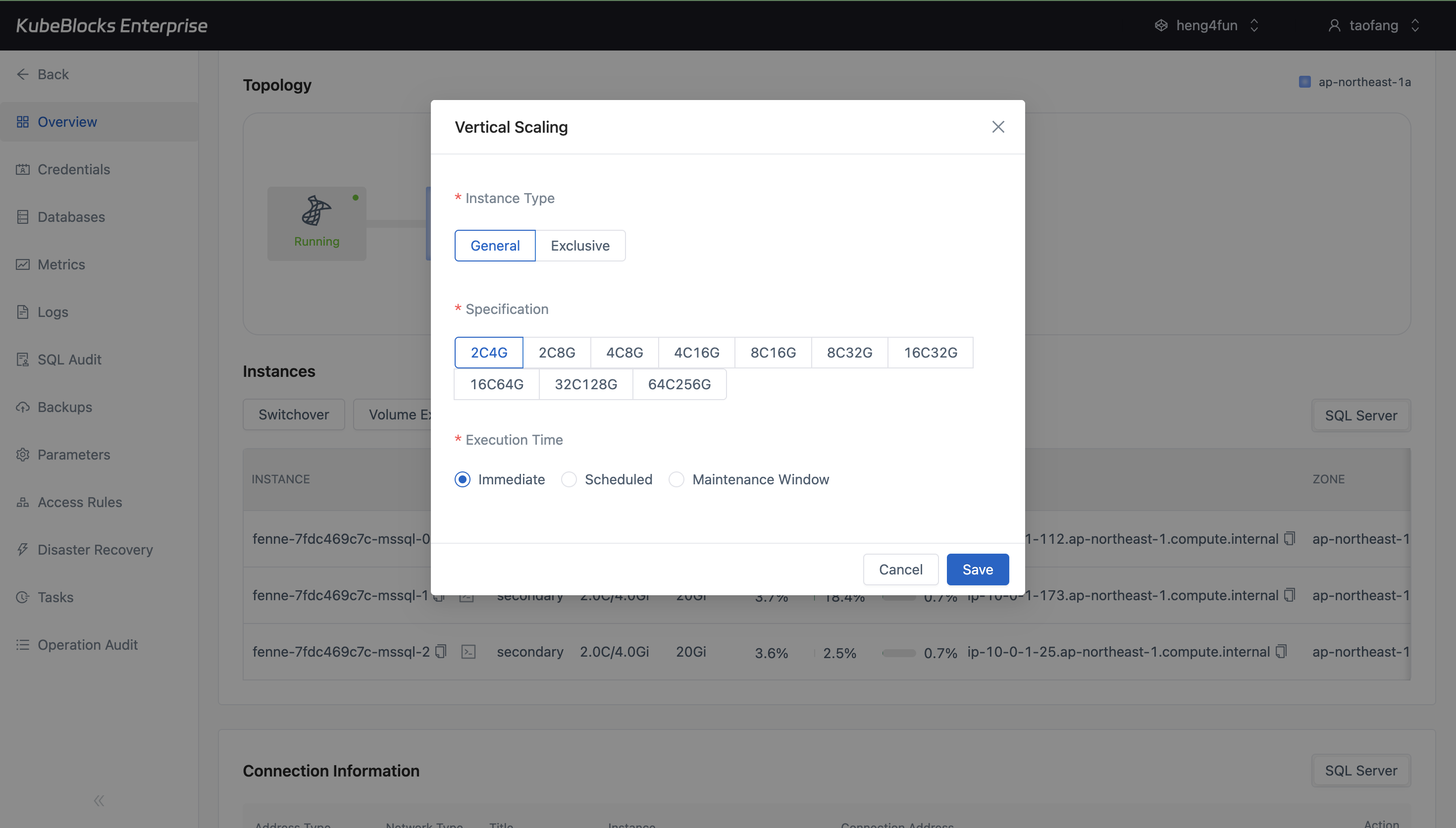 KubeBlocks Enterprise SQL Server vertical scaling drawer showing available resource specifications