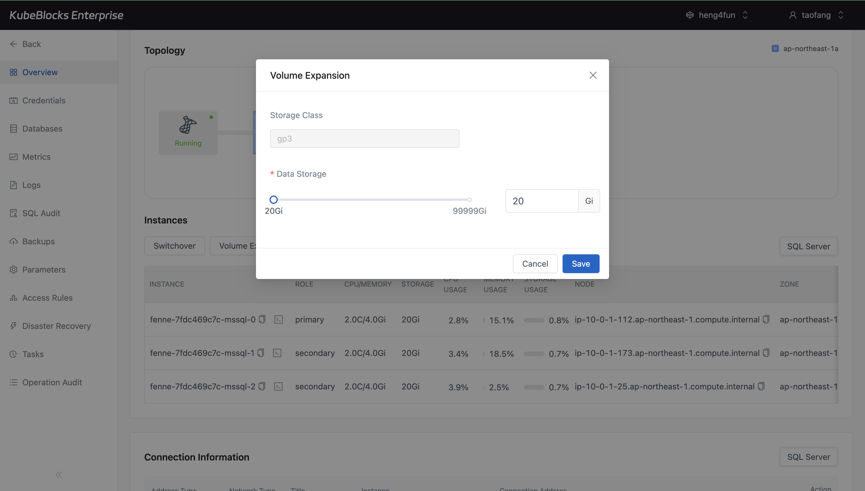 KubeBlocks Enterprise SQL Server volume expansion drawer showing current and target storage capacity