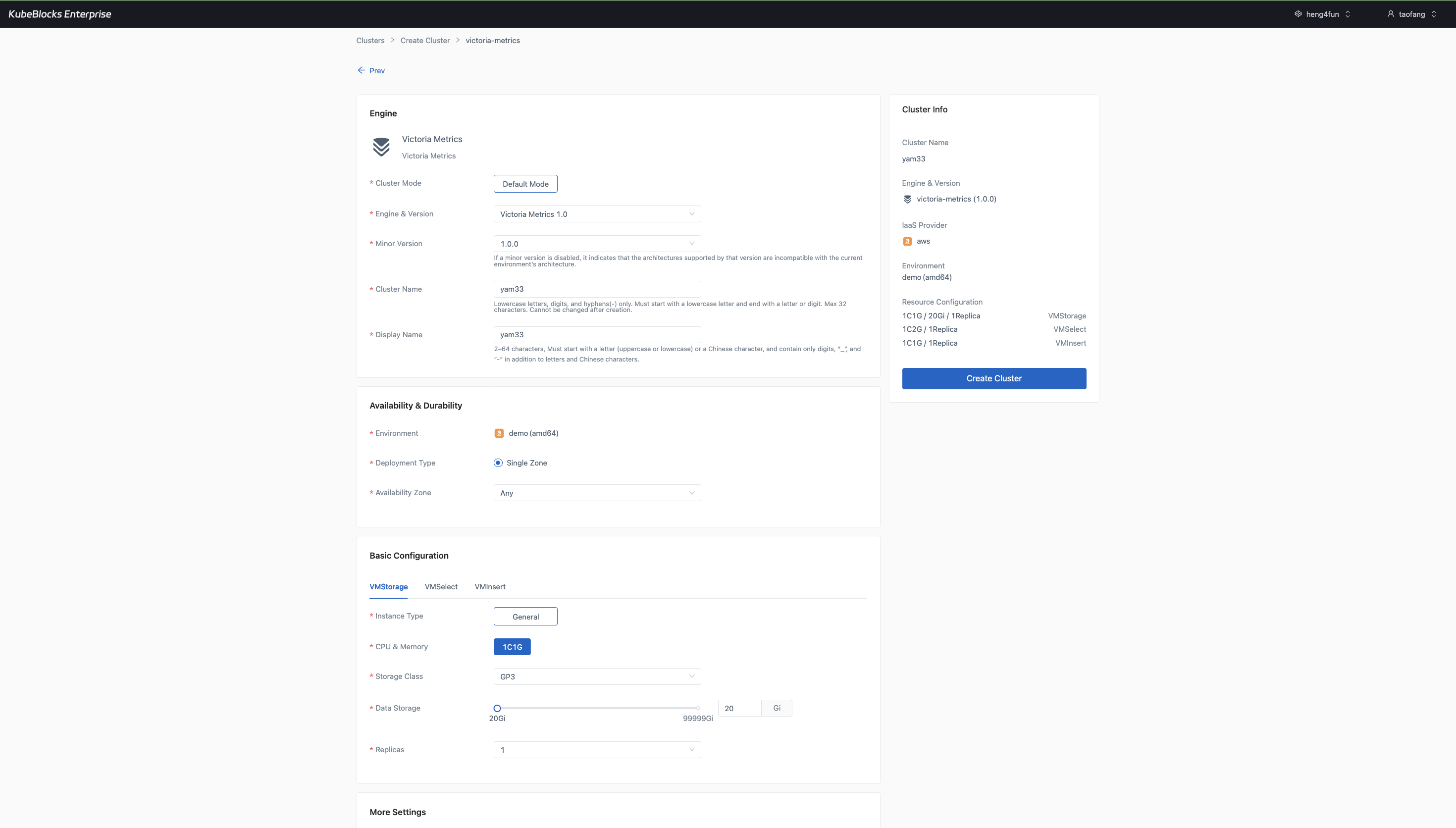 KubeBlocks Enterprise VictoriaMetrics create wizard showing component sizing, storage, version, environment, and cluster summary