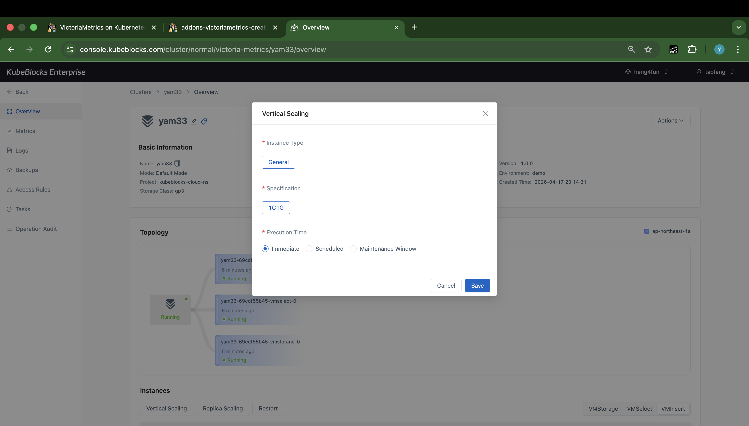 KubeBlocks Enterprise VictoriaMetrics Vertical Scaling dialog showing compute sizing and execution timing options